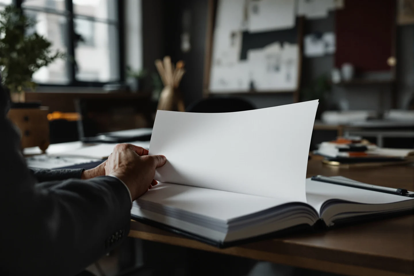 Set over skulderen på en person i mørk blazer, der sidder ved et skrivebord og vender et blad i en mappe; kun underarme og hænder er i billedet, og lyset kommer fra en lampe til venstre